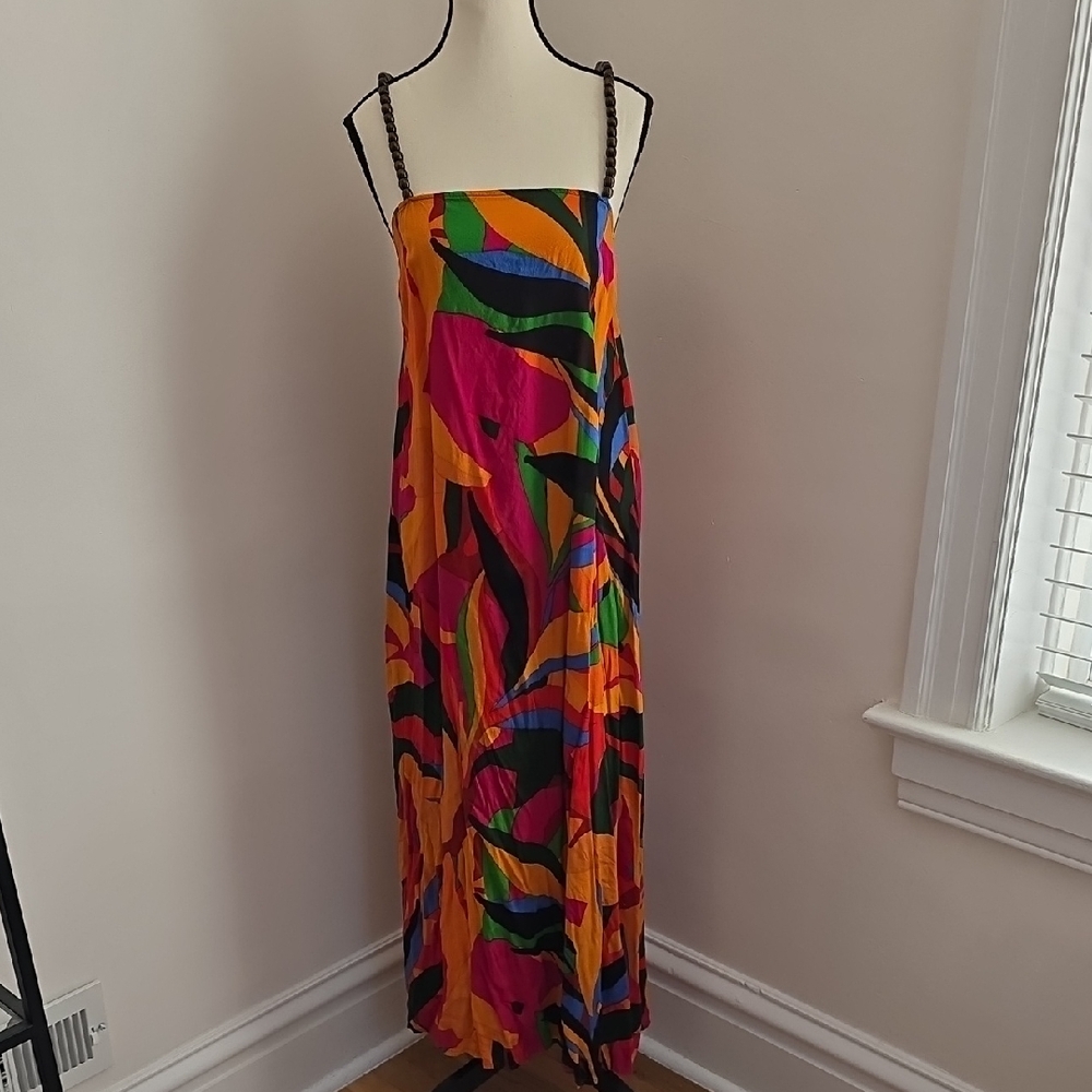 True Destinations Colorful Beaded Strap Abstract Maxi Dress Size Large